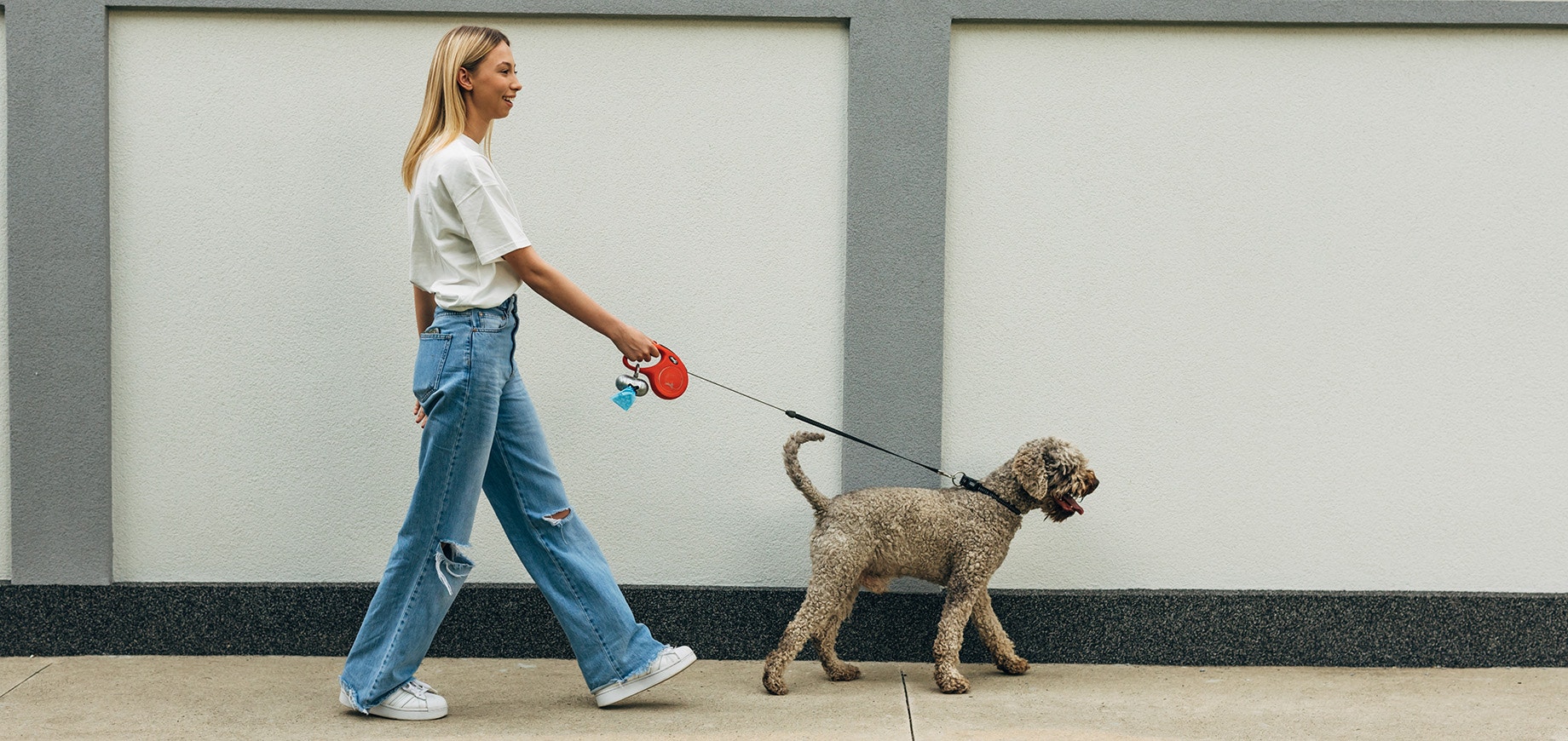 une femme promenant son chien sur un chemin
